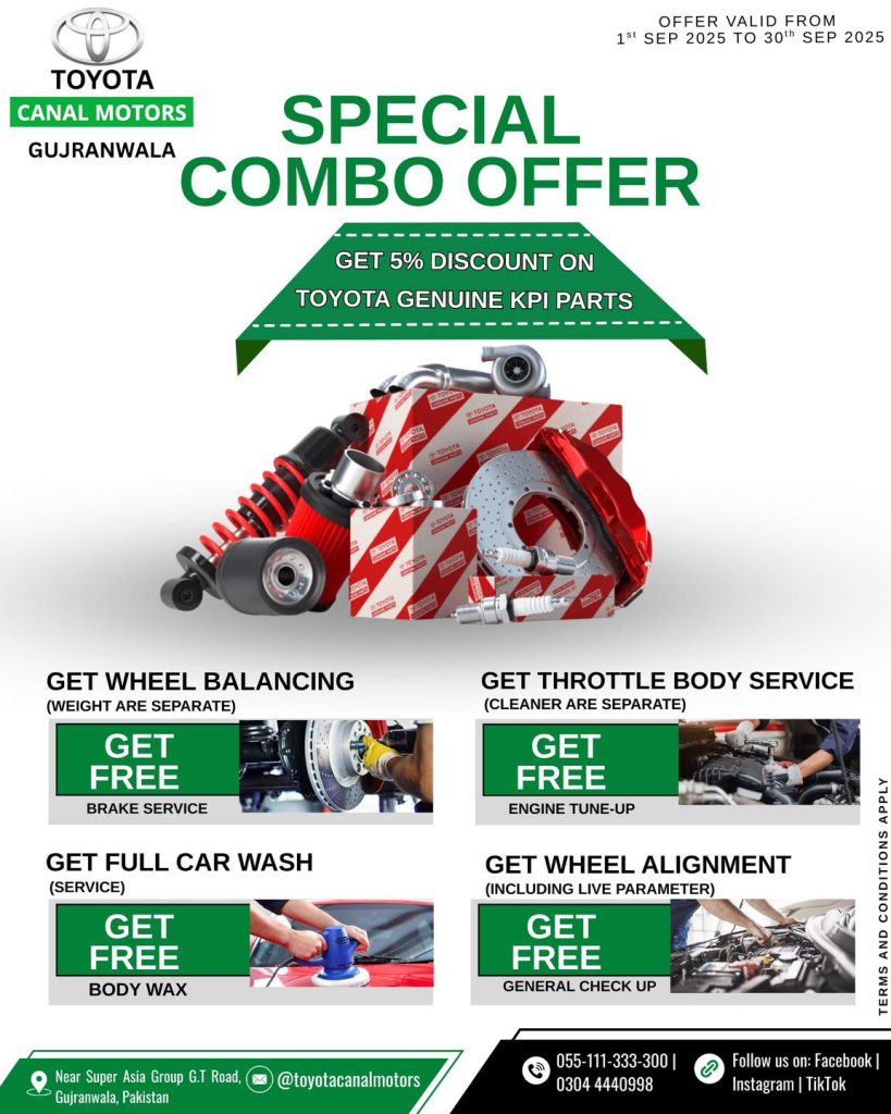 Toyota Canal Motors Gujranwala Special Combo Offer September 2025 – Get 5% discount on Toyota genuine KPI parts with free brake service, engine tune-up, body wax, and general check-up.