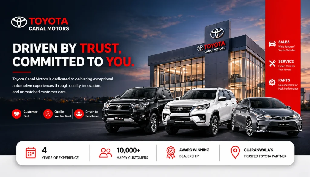 Toyota Canal Motors Lahore showroom exterior with parked cars